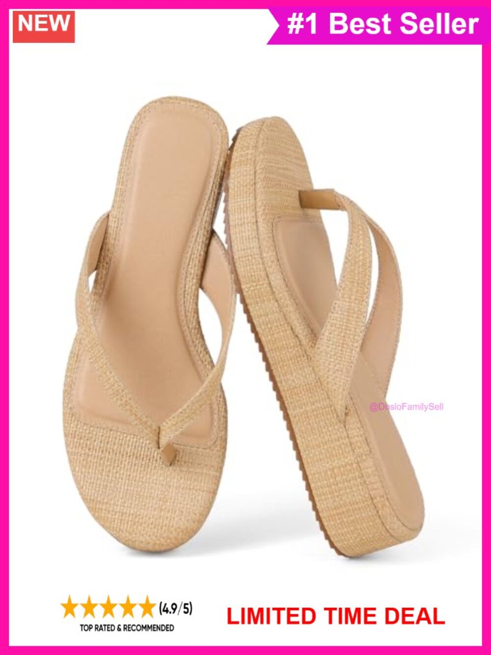 Raffia Wedge Flip Flops Low Platform Thong Sandals